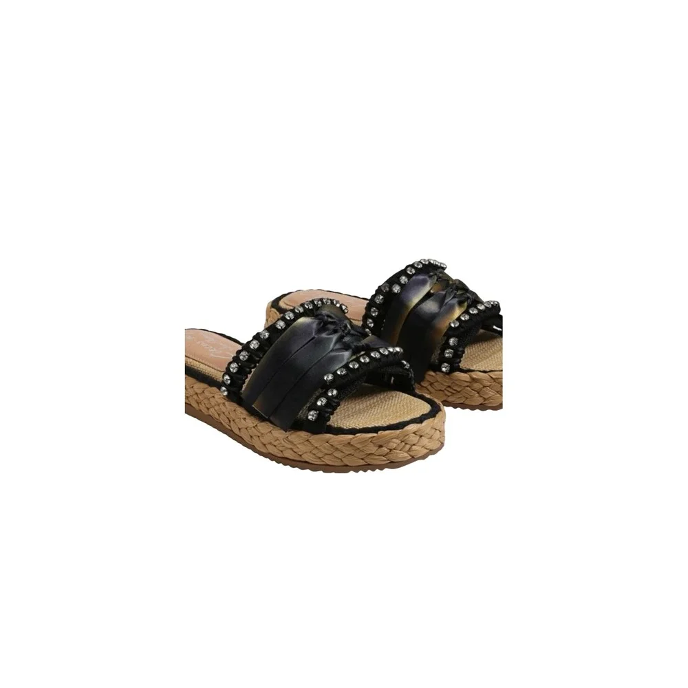 Circus NY Sam Edelman Wyatt Black Rhinestone Espadrille Platform Slides 7.5